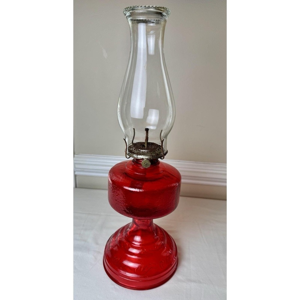 Vintage Early American Oil Lamp "Homesteader" Red Glass Kerosene Cottagecore